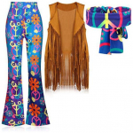 Naiste hipikost&uuml;&uuml;mide komplektid, retroh&otilde;ngulised p&uuml;ksid, tuttidega vest, peapael Halloweeni Cosplay &ouml;&ouml;klubi tantsuks 2XL sinine