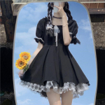 Kawaii gooti stiilis lolita kleit naistele gooti Harajuku armas pits, must puhvis varrukatega l&uuml;hikesed kleidid kooli Jk 2022 suvet&uuml;drukud S must