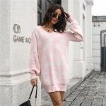 Kevadised s&uuml;gispilvede muster p&otilde;lve kohal Mini kuduv kampsun kleit Naiste vabaaja sirge O-kaelusega t&auml;isvarrukatega avara v&ouml;&ouml;koht SL S