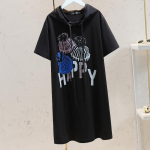 Kapuutsiga triikimine l&uuml;hikeste varrukatega T-s&auml;rk naiste kleit, keskmise pikkusega avar poolvarrukatega top XL must