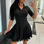 Naiste &uuml;hev&auml;rviline s&auml;rgikleit Naistele sobiv pikkade varrukatega plisseeritud kleit Elegantne talvine s&uuml;gisene minikleit S must