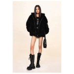 Moodne paks ja lai lambanahast kasukas naistele, kapuutsiga, keskmise pikkusega, k&otilde;rgekvaliteediline karusnahast kasukas S must