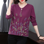 Naiste 4XL Kevadine Uus Ema R&otilde;ivas Pikkade varrukatega T-s&auml;rk Lihtne V-kaelusega Tr&uuml;kitud Disain Vaba Figuuri Salendav &Otilde;mblustega Naiste R&otilde;ivad 4XL tumelilla v&auml;rv