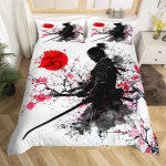 Jaapani Samurai Voodipesu Komplekt T&auml;issuuruses Kirsipuude Tekikate Punane P&auml;ike Hokusai Tekikate Fuji M&auml;gi Tekikate EU Twin(135x200cm)