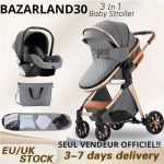 BAZARLAND30.Poussette 3 en 1 B&eacute;b&eacute; Combin&eacute;e Si&egrave;ge-Auto Nacelle Trio R&eacute;versible R&eacute;glable Haute Qualit&eacute; Roues increvables .BLEU/GRIS