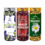 SININE TEE - 3-&uuml;hes komplekt | Liblikherne &otilde;is - 25g, Hibiskus - 50g, Kummel - 30g | Nahas&auml;raks ja une heaks | Kofeiinivaba - Taimetee - Flow