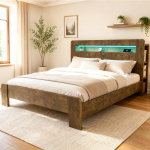 Puidust voodiraam hoiuruumiga peatsis, LED-valgustus, integreeritud pistikupesad, kaasaegne platvormvoodi vintage-puidus 180 x 200 cm 218 x 181 x 107 cm looduslik