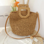 Naiste vabaaja &otilde;lgk&auml;ekott K&auml;sitsi valmistatud kootud &otilde;lakott Suure mahutavusega rannarotangist kott suvepuhkuse k&auml;epidemega kott 36*8*31cm beež