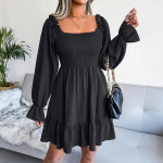 Kevad-suvi ruudukujuline kaelus, laineline, pikkade varrukatega, volangidega, &uuml;hev&auml;rviline, joon, kleit, S-XL M must