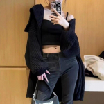 S&uuml;gisene musta rev&auml;&auml;riga silmkoeline kampsun, naiste vintage, vaba vabaaja kampsun, naiste mood, loid stiil, talvekampsunid 28527 S must