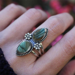 Labradoriit pirnikujuline v&auml;&auml;riskivi k&auml;sitsi valmistatud disainer boheemlaslik s&otilde;rmus, 925 h&otilde;bes&otilde;rmus, pilkup&uuml;&uuml;dev ehe, raamis s&otilde;rmus, m&uuml;&uuml;gil olev s&otilde;rmus 6