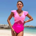 Tugevad ujumisriided, suvised ujumisriided, V-kaelusega rannapesu, Monokini naiste volangidega &uuml;hes t&uuml;kis naiste ujumisriided l roosa punane v&auml;rv/punane