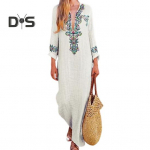 Naiste s&uuml;gisene kevadkleit V kaelusega ebaregulaarne &auml;&auml;ris Lilleprinteriga pikkade varrukatega, avarate k&uuml;lgedega l&otilde;hestatud etnilises stiilis vabaaja ranna-maksikleit M sinine