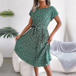 Naiste lilleline plisseeritud kleit suvine vabaaja o-kaelusega l&uuml;hikeste varrukatega, r&auml;situd sidemega Midikleidid Naistele Rannakleidid Boho Chic A Line kleidid XL roheline