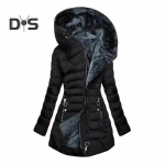 Naiste talvejope, polsterdatud plusssuuruses pehme voodriga polsterdatud t&otilde;mblukuga keskmise pikkusega kapuutsiga &uuml;ler&otilde;ivad &uuml;hev&auml;rvilised, soe tuulekindel sulemantel M tumeroheline v&auml;rv