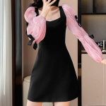 VONDA Naiste suvised ruudukujulised kaelalipsus&otilde;lmed pikkade varrukatega v&ouml;&ouml;kohaga A-joonega kleidid S sinine