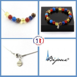 Pierres et Min&eacute;raux. Parure bijoux Bracelet Collier perles Agate rouge + Agate ruban&eacute;e bleu Taille personnalisable.