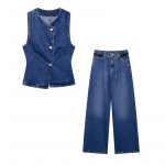 Naiste 2-osalised komplektid Denim Varrukateta Vest Y-kaelusega ja Laia S&auml;&auml;rega Pikad teksap&uuml;ksid Komplektid Naistele Kontorikandmiseks Vabaaja &Uuml;hev&auml;rviline Komplekt S sinine