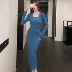 S&uuml;gis- ja talve ruudukujulise kraega slim kootud kleit naistele, k&uuml;lma tuulega, k&otilde;rgekvaliteediline, temperamentne, kampsun, pikk kleit One Size aprikoosi