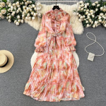 Naiste s&uuml;giskleidid Vintage &scaron;ifoonist lillelised volangid Robe Femme Temperament plisseeritud maksikleit One Size oranž