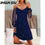 IHUASU Naiste moe kevad-s&uuml;gis &uuml;hev&auml;rvilised kleidid pikkade varrukatega V-kaelusega k&otilde;rge v&ouml;&ouml;kohaga vabaajakleidid S