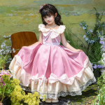 T&uuml;drukute Lolita Kleit Peo Suvine Viktoriaanlik Retro Lolita Elegantne Printsessi Laste Ballikleit 150cm roosa