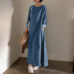 Naiste Retro Casual sinine Denim pikkade varrukatega O-kaelusega avar pikk kleit 2XL tumesinine v&auml;rv