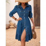 Kevad Suvi Volangid Naiste Sinine Denim Kleit Elegantne N&ouml;&ouml;pidega S&auml;rk Midi Kleit Naiste Vabaaja Kleit Robe Femme XXL sinine
