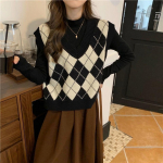 Naiste retro argyle kootud V-kaelusega vest - S&uuml;gisene varrukateta top S must