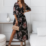 Naiste seksikas V-kaelusega volangidega varrukatega kleit Elegantne &scaron;ifoonist pitsiline m&auml;hisega pikad kleidid Naiste vintage tr&uuml;kitud k&uuml;ljel&otilde;hedega maksikleit XXL must