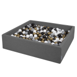 KiddyMoon pehme palliauku ruut 120x30cm/200 palli Pallid 7cm / 2,75 tolli lastele, tumehall:valge-hall-must-kuldne 120x30cm/200 balls