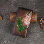 Johnature Vintage lilleline pikk rahakott ehtsast nahast rahakotikaardihoidja K&auml;sitsi valmistatud reljeefne veisenahast naiste k&auml;sirahakotid punakaspruun