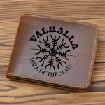 Skandinaavia m&uuml;toloogia Valhalla Viking nahast rahakott meestele m&uuml;nditaskuga Hall of The Slain Minimalistlik rahakott ehtne nahk pruun