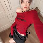 Gooti mustriga grunge T-s&auml;rk naiste ebaregulaarsed pitsilised k&auml;rbitud topid Y2k vintage topsid T&auml;navar&otilde;ivad Korea stiilis T-s&auml;rgid s&uuml;gis S punane