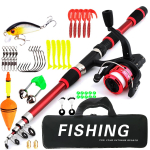 LEOFISHING Kids &otilde;ngekeppide komplekt, teleskoop&otilde;ngede ja spinningurulli s&ouml;&ouml;dakonksud, merevee reisikepi komplekt Fishing rod fishing reel bait bag set punane