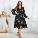 Pikkade varrukatega V-kaelusega lillemustriga kleit naistele k&otilde;rge v&ouml;&ouml;kohaga, &otilde;huke, mugav ja hingav kleit vabaaja rannapuhkuse plusssuuruses pikk kleit 2XL