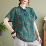 Suvine Slim P&uuml;stkrae Puuvillane Linane Pluus Naised Vintage Lilleprindiga S&auml;rk L&uuml;hikeste Varrukatega Roheline Sinine Ramjee Kunstiline Top M roheline