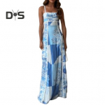 Naiste puhkusekleit, tr&uuml;kitud lapiga, madala l&otilde;ikega kandiline kaelus, seljata, varrukateta A-kujuline t&auml;ispikk randlikleit suvine rihmaga kleit S