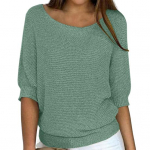 Naiste topid &uuml;mmarguse kaelusega 3/4 varrukatega &uuml;hev&auml;rviline T-s&auml;rk avara istuvusega kudumispluus Veniv hingav topid T&auml;navar&otilde;ivad XL heleroheline v&auml;rv