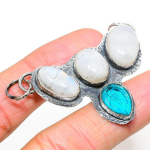 Natural Rainbow Moonstone,Blue Topaz 925 Sterling Silver Pendant 1.58 g7y10
