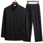 Hiina traditsiooniline r&otilde;ivakomplekt Meeste s&uuml;gis linane pandlaga Kung fu s&auml;rk idamaine retro top p&uuml;ksid Tai Chi hingav vormiriietus Hanfu 165 must