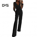 Naiste kombinesoon L&auml;bipaistva v&otilde;rkkangast k&otilde;rge v&ouml;&ouml;koht ja taskud, lai jalg V kaelus balli&otilde;htu pidulik pidulik kombinesoon M must