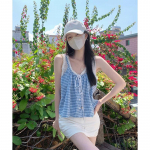 Prantsuse pastoraalstiilis v&otilde;lts kaheosaline maika naiste suvine uus sinine ruuduline lahtine ja figuuri varjav armas v&auml;ike top M