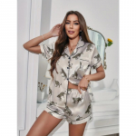 Leopardimustriga satiinist pidžaamakomplekt, vabaaja l&uuml;hikeste varrukatega n&ouml;&ouml;pidega rev&auml;&auml;ridega top ja elastsete s&auml;&auml;rtega l&uuml;hikesed p&uuml;ksid, naiste &ouml;&ouml;riided S