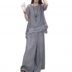 2 tk/komplekt Naiste top ja p&uuml;ksid Komplekt &Uuml;mar kaelus Poolpikad varrukad Ebakorrap&auml;rase &auml;&auml;rega pluus Lai jalg Elastse v&ouml;&ouml;kohaga Laiade s&auml;&auml;rtega p&uuml;ksid Igap&auml;evane Vabaaja Deitimise Riietus M khaki