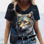 Naiste T-s&auml;rk V-kaelusega l&uuml;hikeste varrukatega T-s&auml;rk 3D Wolf Print T-s&auml;rk naistele Suvine vabaaja Naljakas naiste riided Vintage uus pullover S