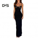 Naiste pitsiga cami bodycon maksikleit spagetirihmade ja varrukateta l&otilde;ikega, l&otilde;hikuga pikk kleit, seksikas madala dekolteega &otilde;htukleit kokteilipidudeks, &ouml;&ouml;klubideks S must