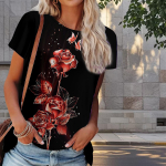 Naiste suvine roosiprindiga T-s&auml;rk, retromoe l&uuml;hikeste varrukatega t-s&auml;rgid, vabaaja tr&uuml;kitud topid XS lilla