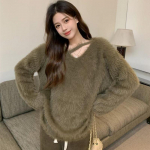 Prantsuse pehme vahajas naaritsa villane kootud kampsun, naiste s&uuml;gistalv, &otilde;rn V-kaelusega v&auml;limine sviiter. One Size roheline