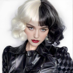 Cruella mustvalge lokkis l&uuml;hike Cosplay parukas naistele Halloweeni Cosplay s&uuml;nteetiline t&auml;ispea kate peokost&uuml;&uuml;mi aksessuaar